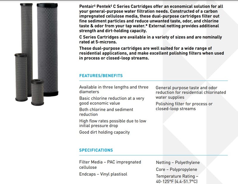 Pentek Pentair Pentek C1-20 Carbon Water Filter, 20-Inch, Whole House Dual Purpose Powdered Activated Carbon-Impregnated Cellulose Replacement Cartridge, 20" x 2.5", 5 Micron - Image 1
